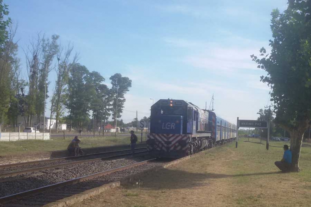El tren detenido y los pasajeros al costado de las v&iacute;as, a metros de la estaci&oacute;n M&aacute;ximo Paz.