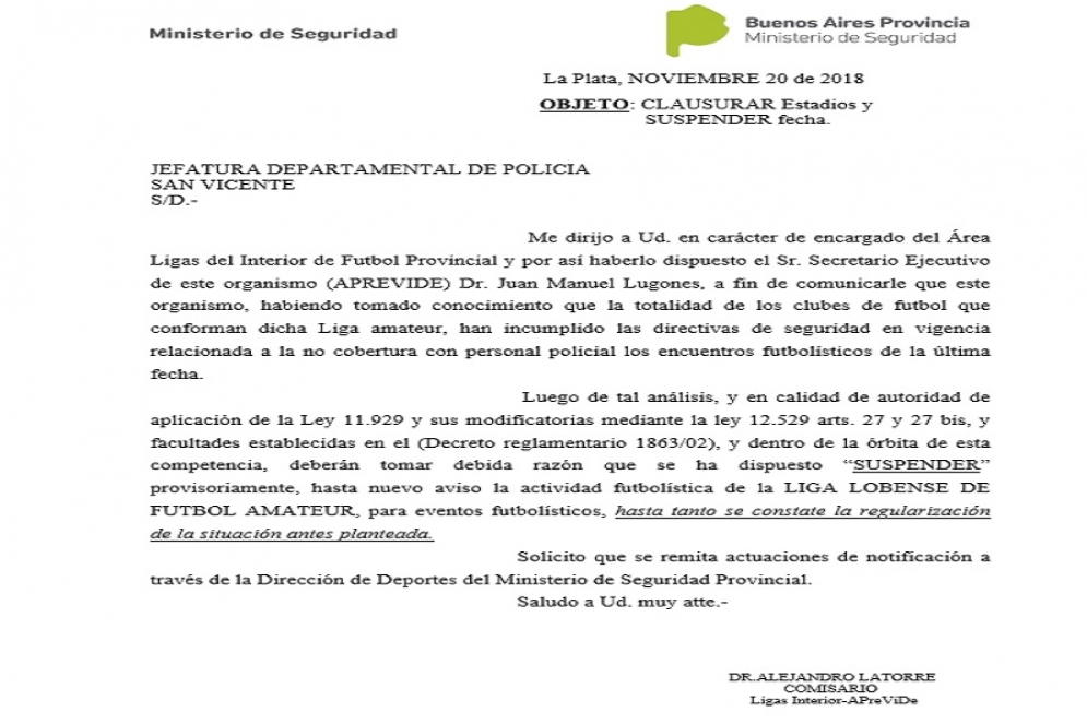 La notificaci&oacute;n que confirm&oacute; la medida.