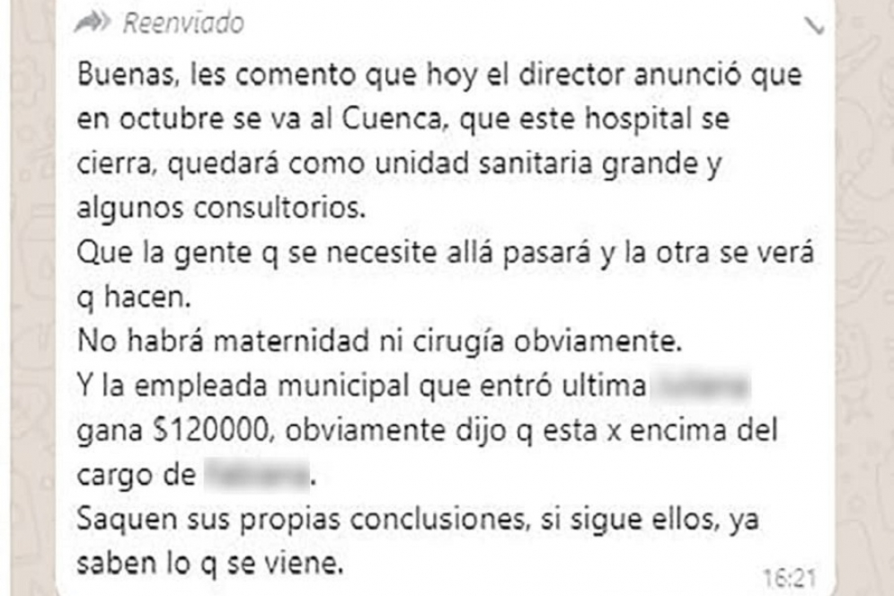 La captura del mensaje que circulo por las redes sociales. 